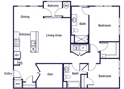 Two bedroom with den two bathroom floor plan at Riverwoods at Lake Ridge in Woodbridge VA